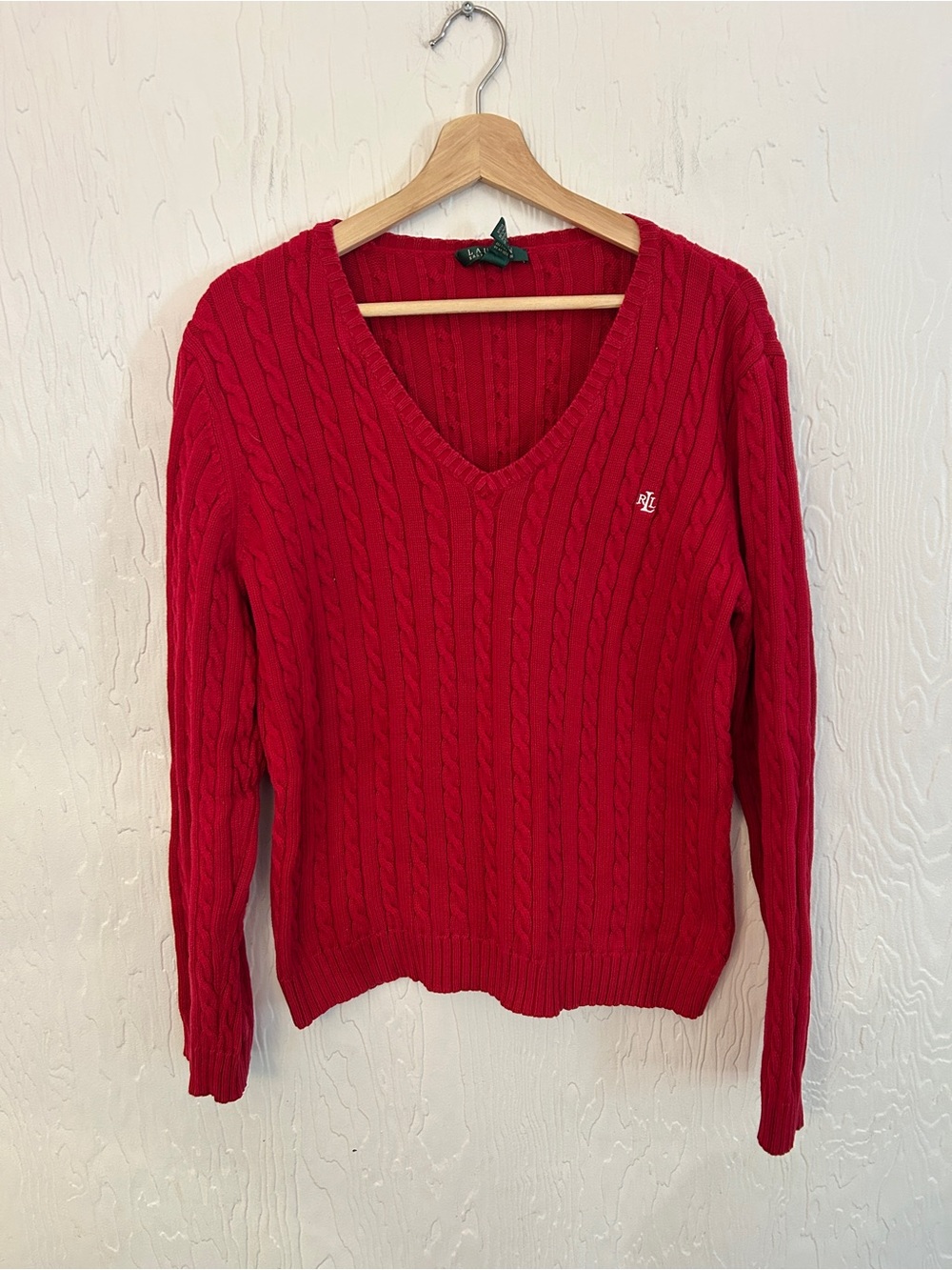 RALPH LAUREN Red Cabled Knit Cotton V-Neck Sweater XL Preppy Holiday Academic